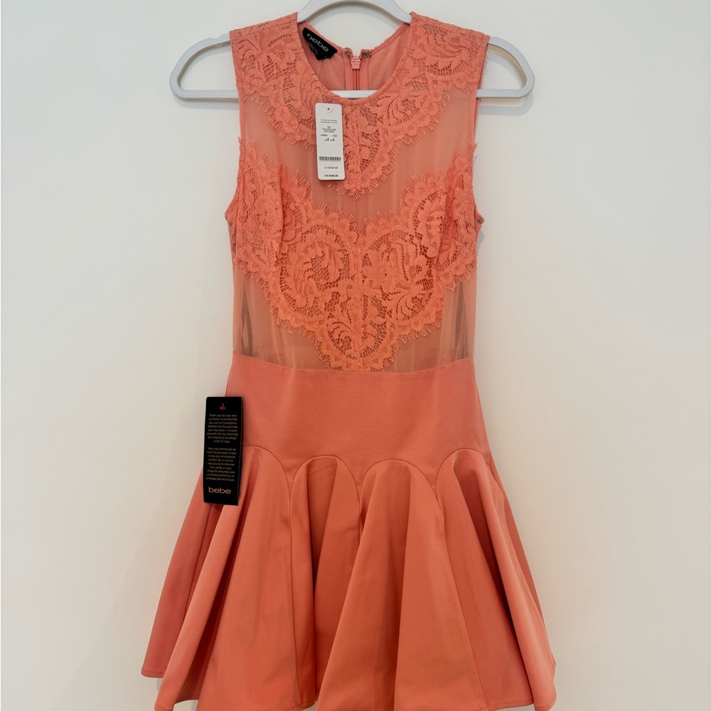 NWT Bebe Orange Pink Pleated Fit and Flare Cocktail Dress